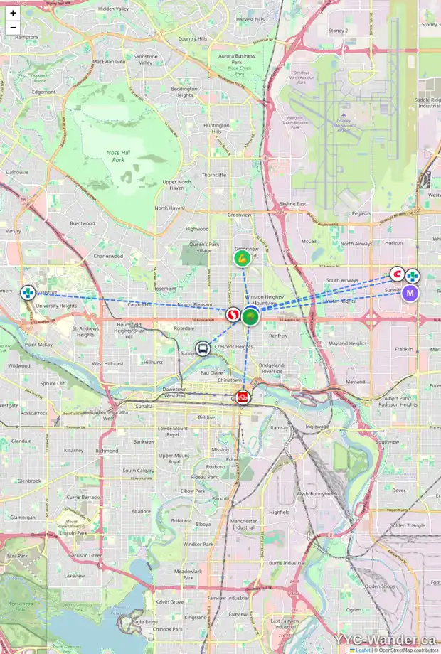 Daily accessibility map for 436 18 AV NE, Calgary showing nearby schools, grocery stores, parks, LRT stations and nearby amenities