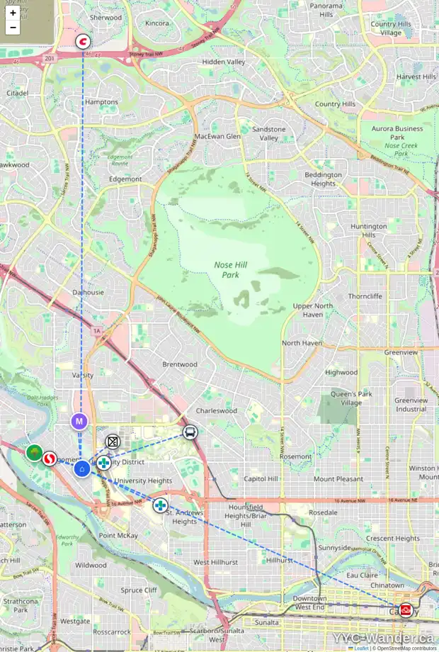 Daily accessibility map for 4609 21 AV NW, Calgary showing nearby schools, grocery stores, parks, LRT stations and nearby amenities
