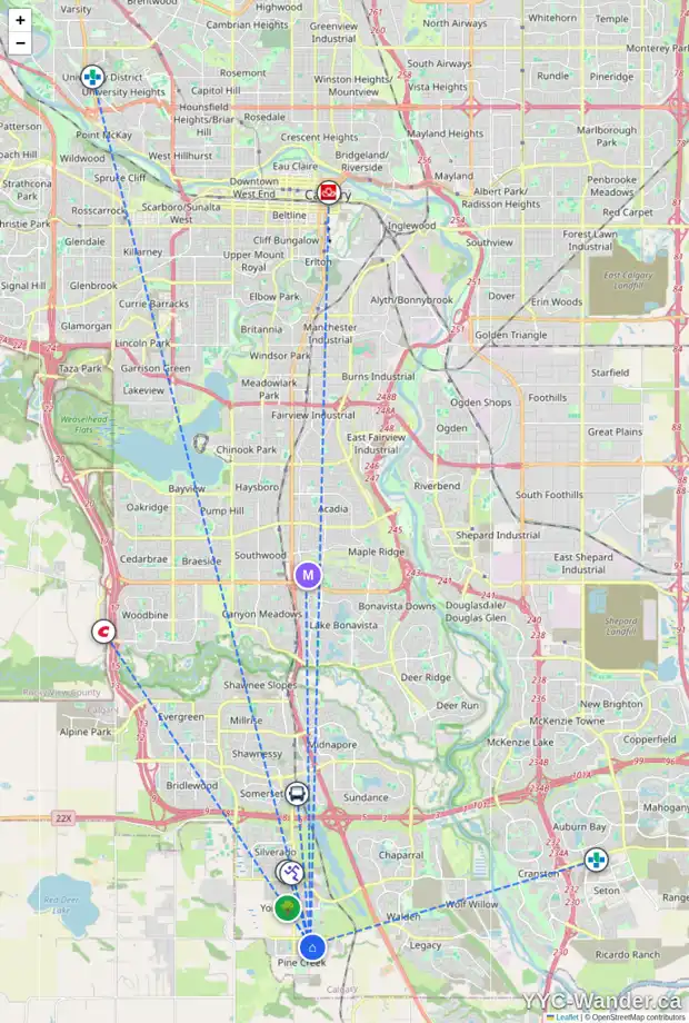 Daily accessibility map for 100 CREEKSTONE DR SW, Calgary showing nearby schools, grocery stores, parks, LRT stations and nearby amenities