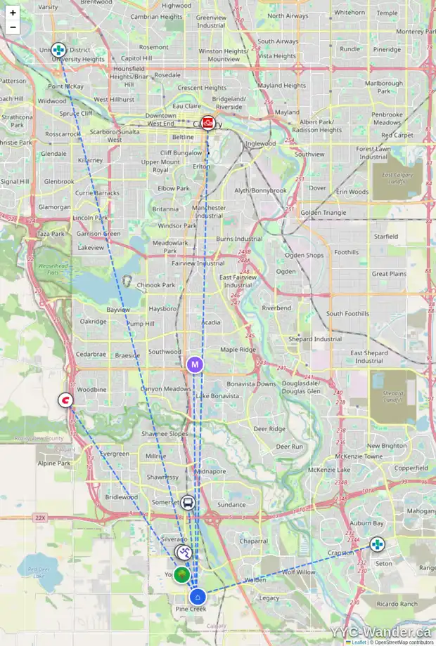 Daily accessibility map for 32 CREEKSTONE DR SW, Calgary showing nearby schools, grocery stores, parks, LRT stations and nearby amenities