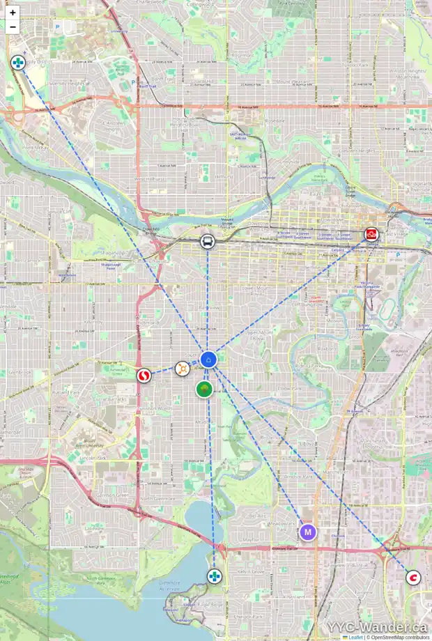 Daily accessibility map for 3205 16 ST SW, Calgary showing nearby schools, grocery stores, parks, LRT stations and nearby amenities