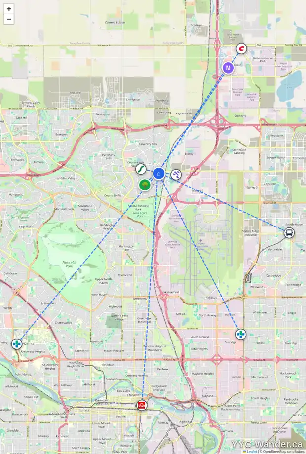 Daily accessibility map for 408 200 HARVEST HILLS PL NE, Calgary showing nearby schools, grocery stores, parks, LRT stations and nearby amenities