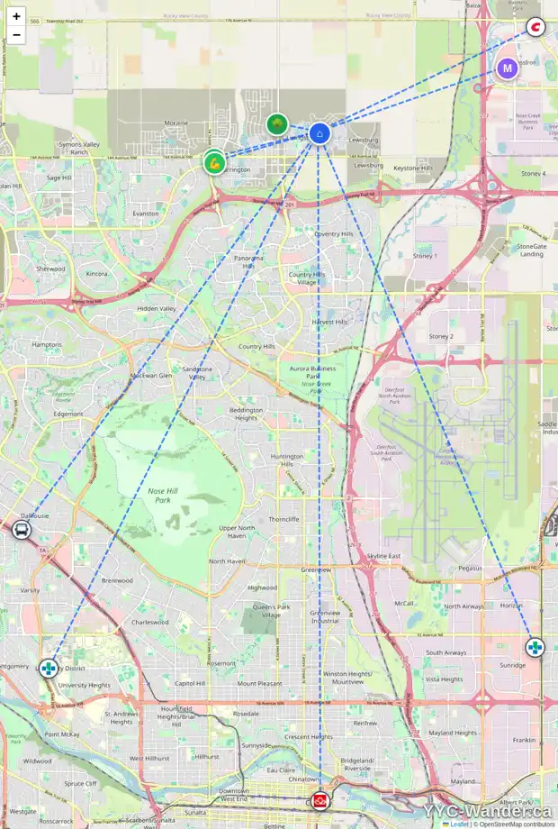 Daily accessibility map for 315 CALHOUN CR NE, Calgary showing nearby schools, grocery stores, parks, LRT stations and nearby amenities