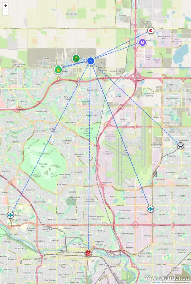 Daily accessibility map for 193 CALHOUN CR NE, Calgary showing nearby schools, grocery stores, parks, LRT stations and nearby amenities