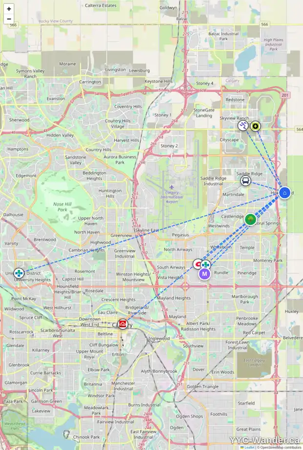 Daily accessibility map for 103 HOMESTEAD GA NE, Calgary showing nearby schools, grocery stores, parks, LRT stations and nearby amenities