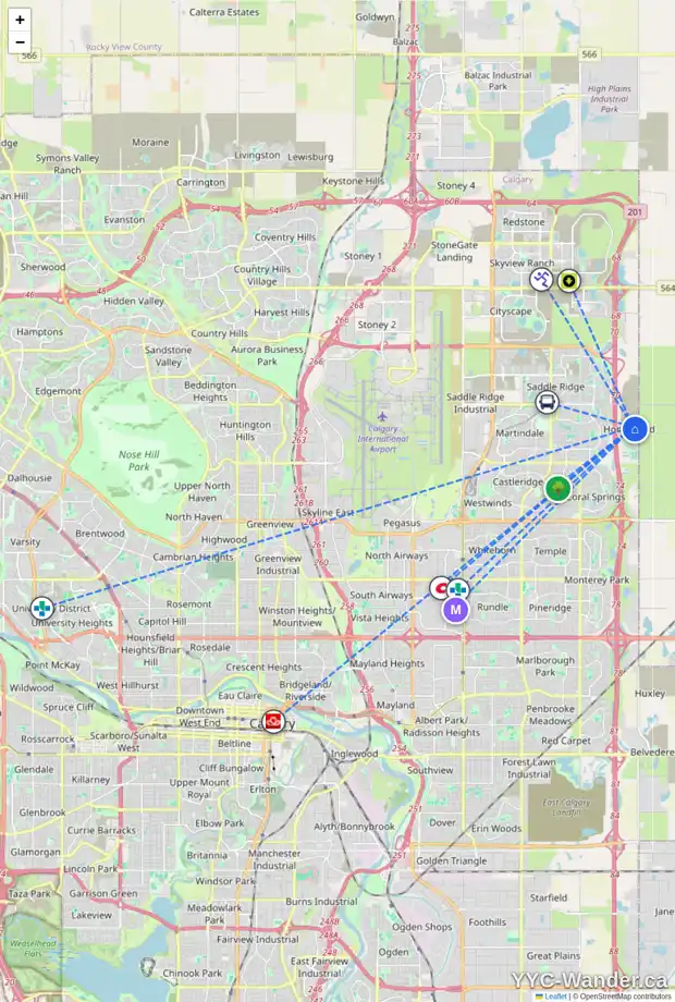 Daily accessibility map for 95 HOMESTEAD GA NE, Calgary showing nearby schools, grocery stores, parks, LRT stations and nearby amenities