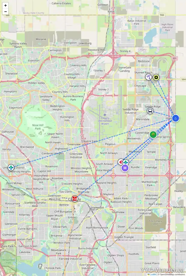 Daily accessibility map for 27 HOMESTEAD GA NE, Calgary showing nearby schools, grocery stores, parks, LRT stations and nearby amenities