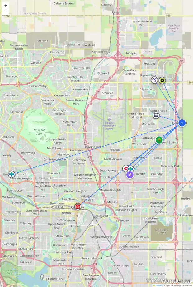 Daily accessibility map for 47 HOMESTEAD GA NE, Calgary showing nearby schools, grocery stores, parks, LRT stations and nearby amenities