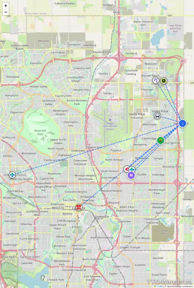 Daily accessibility map for 107 HOMESTEAD GA NE, Calgary showing nearby schools, grocery stores, parks, LRT stations and nearby amenities