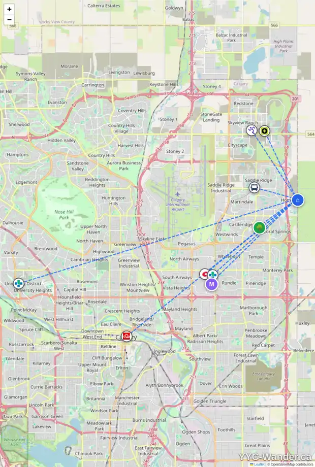 Daily accessibility map for 7 HOMESTEAD GA NE, Calgary showing nearby schools, grocery stores, parks, LRT stations and nearby amenities
