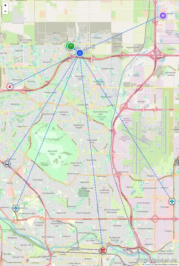 Daily accessibility map for 325 CARRINGVUE PL NW, Calgary showing nearby schools, grocery stores, parks, LRT stations and nearby amenities