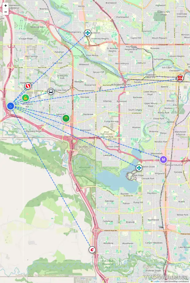 Daily accessibility map for 37 SLOPES RD SW, Calgary showing nearby schools, grocery stores, parks, LRT stations and nearby amenities