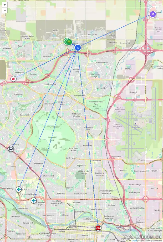 Daily accessibility map for 348 CARRINGVUE PL NW, Calgary showing nearby schools, grocery stores, parks, LRT stations and nearby amenities