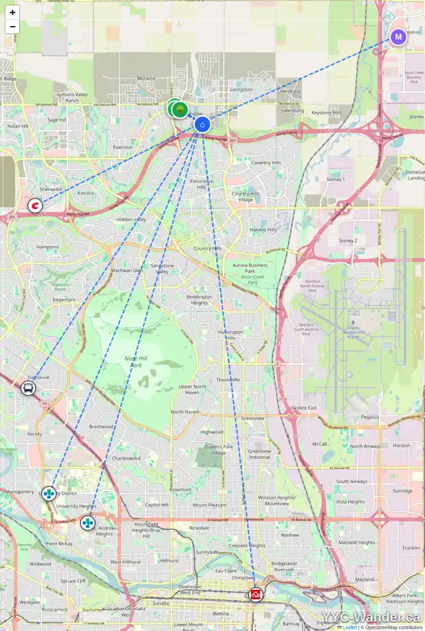 Daily accessibility map for 340 CARRINGVUE PL NW, Calgary showing nearby schools, grocery stores, parks, LRT stations and nearby amenities