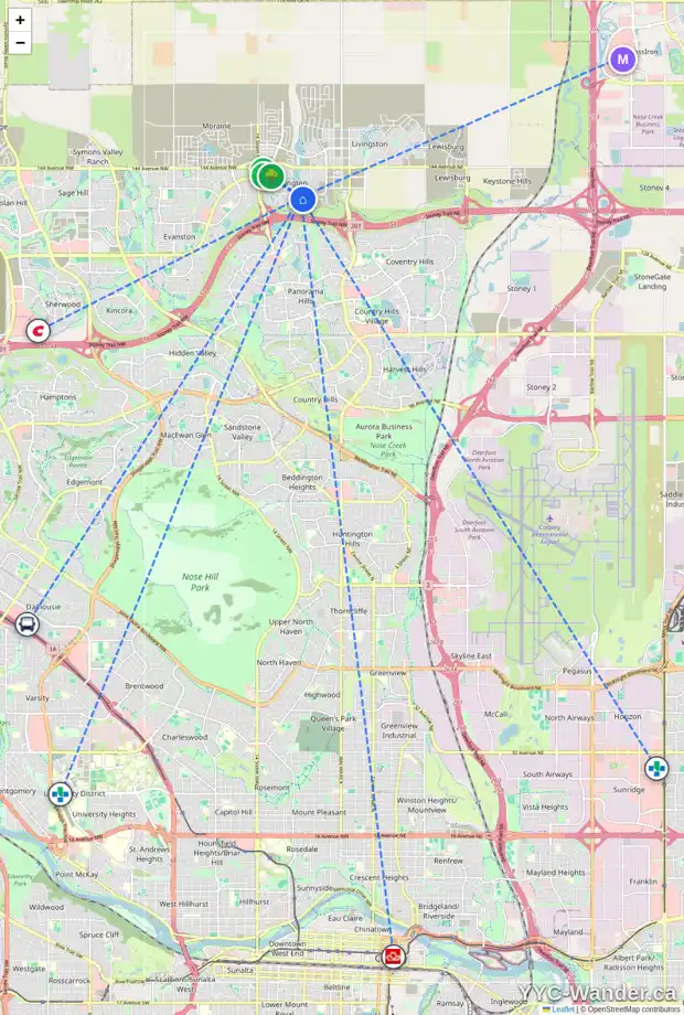 Daily accessibility map for 308 CARRINGVUE PL NW, Calgary showing nearby schools, grocery stores, parks, LRT stations and nearby amenities