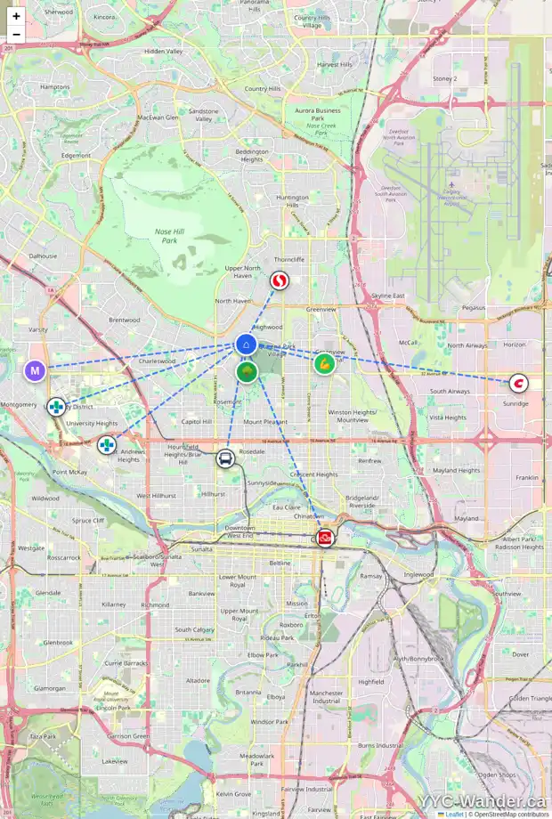 Daily accessibility map for 1028 39 AV NW, Calgary showing nearby schools, grocery stores, parks, LRT stations and nearby amenities
