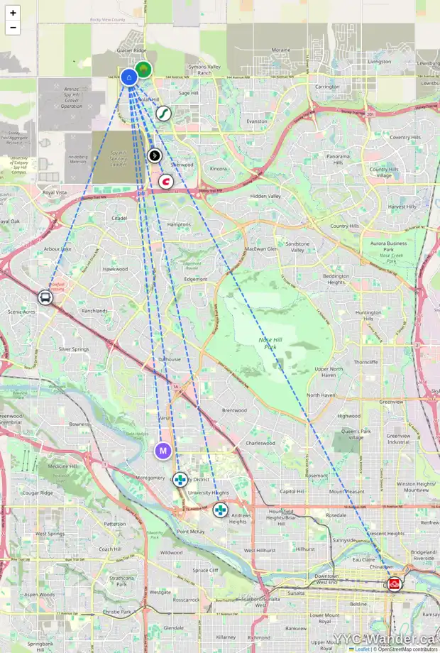 Daily accessibility map for 150 AQUILA WY NW, Calgary showing nearby schools, grocery stores, parks, LRT stations and nearby amenities