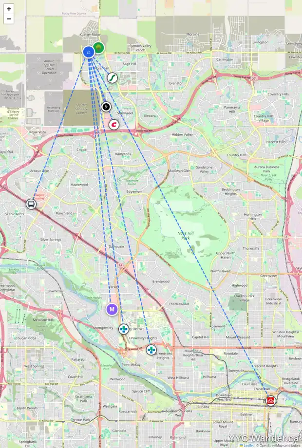 Daily accessibility map for 119 AQUILA WY NW, Calgary showing nearby schools, grocery stores, parks, LRT stations and nearby amenities