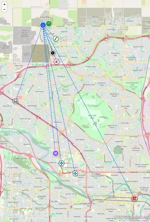 Daily accessibility map for 226 AQUILA WY NW, Calgary showing nearby schools, grocery stores, parks, LRT stations and nearby amenities
