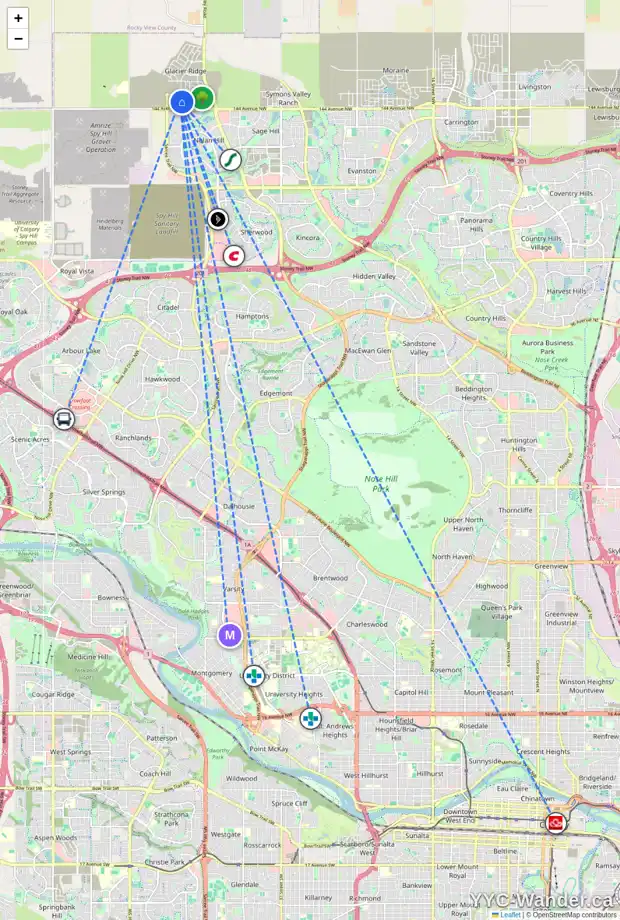 Daily accessibility map for 59 AQUILA WY NW, Calgary showing nearby schools, grocery stores, parks, LRT stations and nearby amenities