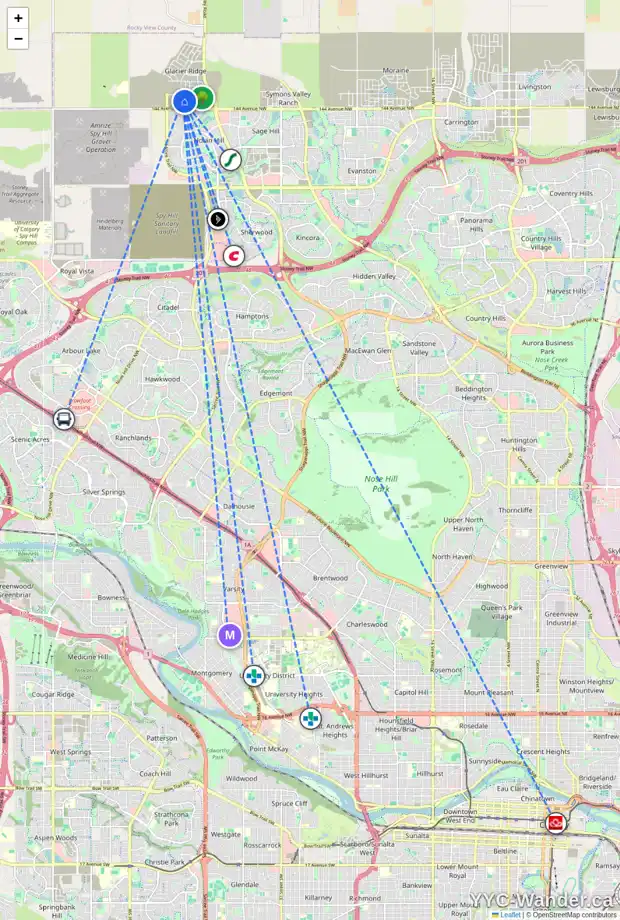 Daily accessibility map for 54 AQUILA WY NW, Calgary showing nearby schools, grocery stores, parks, LRT stations and nearby amenities