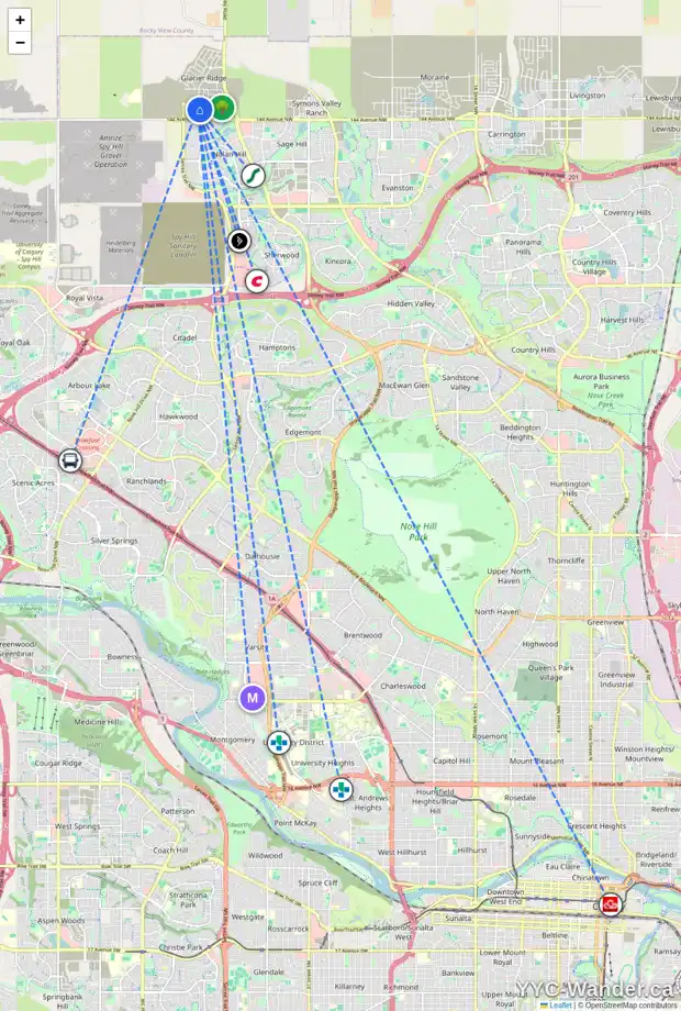 Daily accessibility map for 310 AQUILA WY NW, Calgary showing nearby schools, grocery stores, parks, LRT stations and nearby amenities