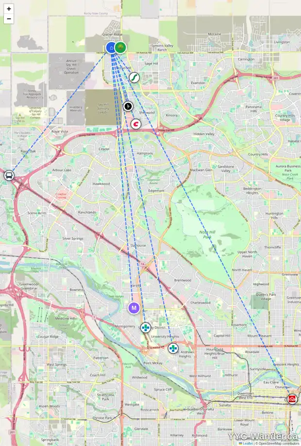 Daily accessibility map for 365 AQUILA DR NW, Calgary showing nearby schools, grocery stores, parks, LRT stations and nearby amenities