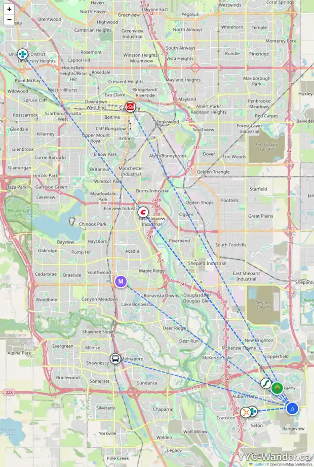 Daily accessibility map for 57 HEIRLOOM CR SE, Calgary showing nearby schools, grocery stores, parks, LRT stations and nearby amenities