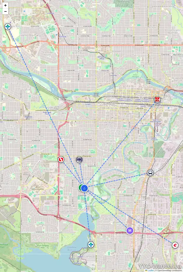 Daily accessibility map for 1732 47 AV SW, Calgary showing nearby schools, grocery stores, parks, LRT stations and nearby amenities