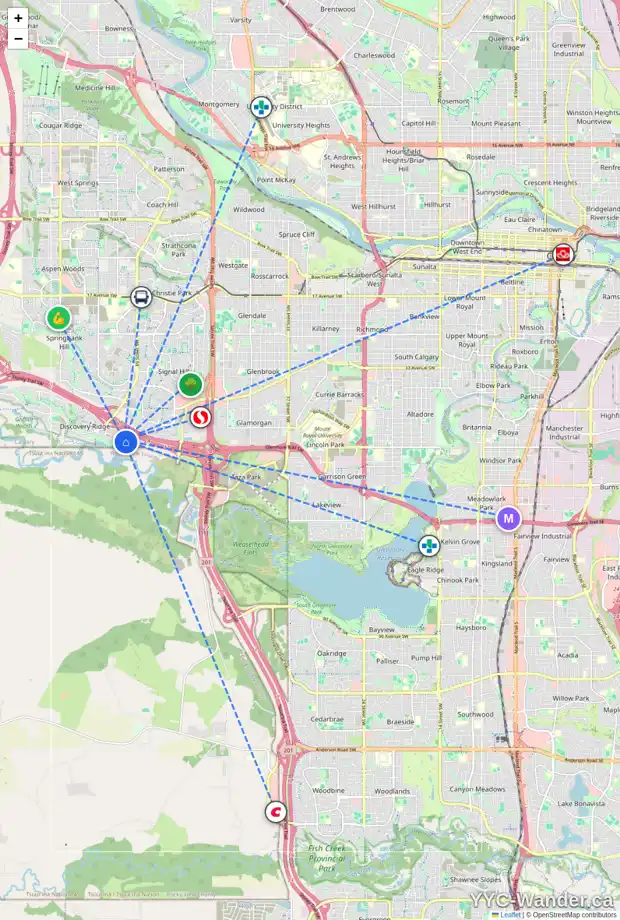 Daily accessibility map for 152 DISCOVERY DR SW, Calgary showing nearby schools, grocery stores, parks, LRT stations and nearby amenities