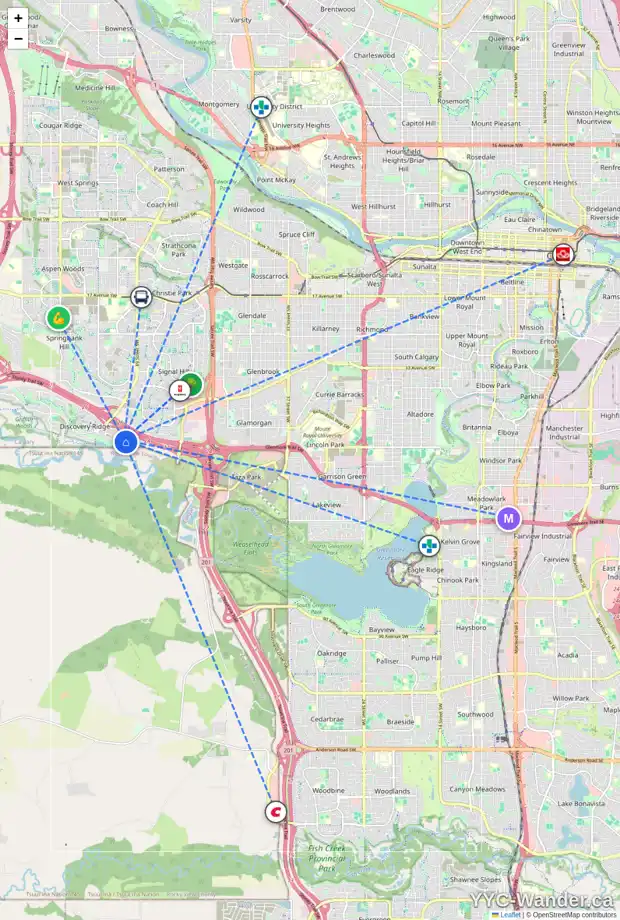 Daily accessibility map for 148 DISCOVERY DR SW, Calgary showing nearby schools, grocery stores, parks, LRT stations and nearby amenities