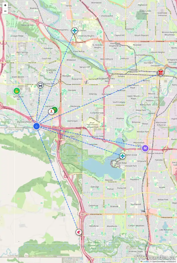 Daily accessibility map for 52 130 DISCOVERY DR SW, Calgary showing nearby schools, grocery stores, parks, LRT stations and nearby amenities