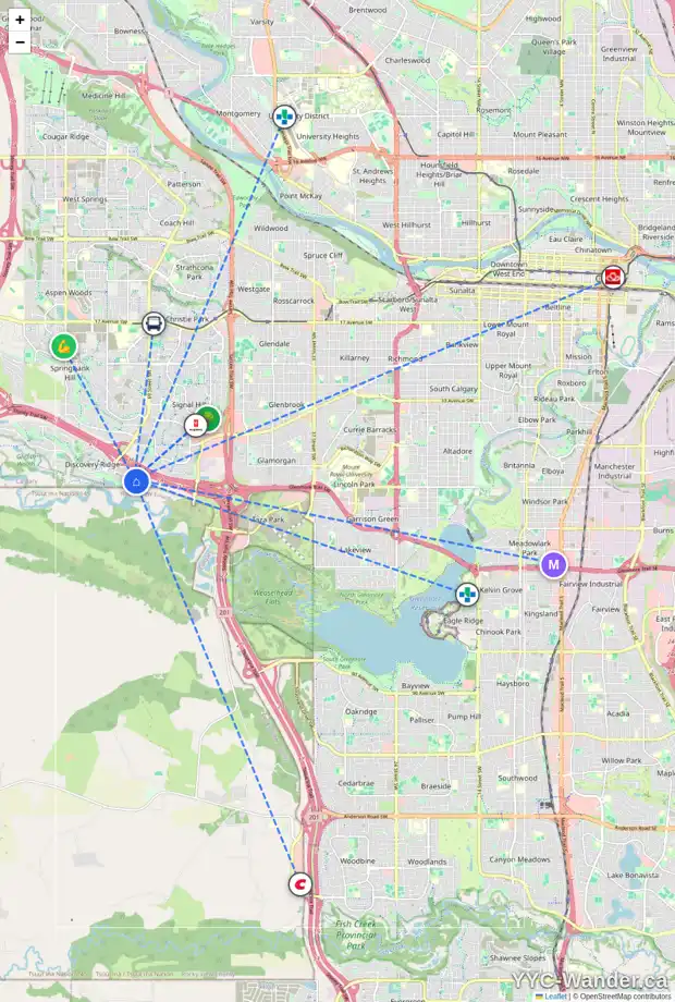 Daily accessibility map for 146 DISCOVERY DR SW, Calgary showing nearby schools, grocery stores, parks, LRT stations and nearby amenities
