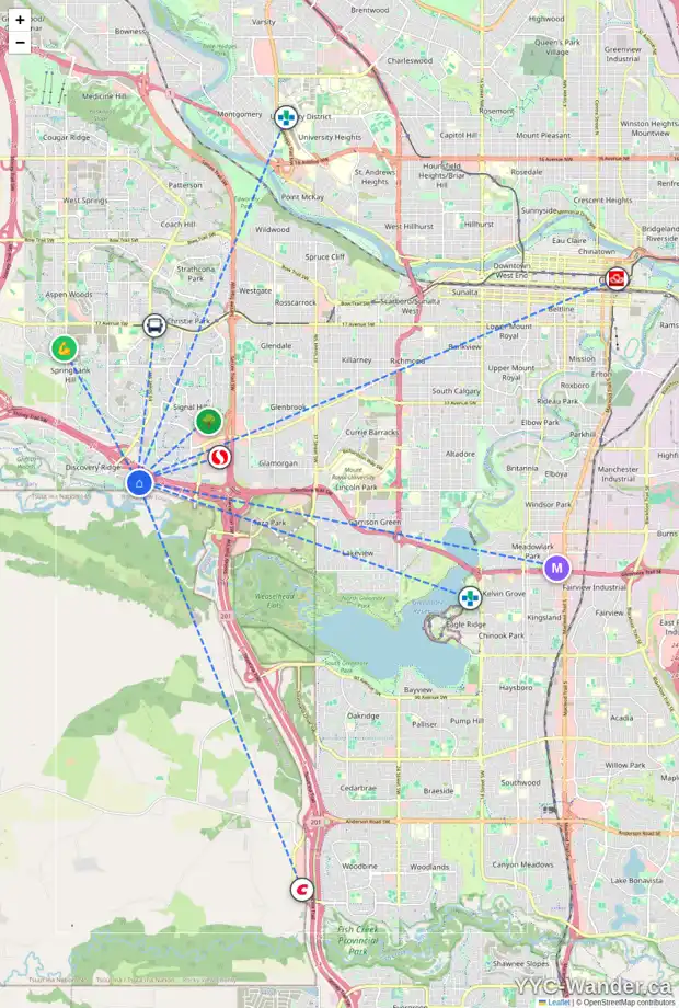 Daily accessibility map for 46 130 DISCOVERY DR SW, Calgary showing nearby schools, grocery stores, parks, LRT stations and nearby amenities