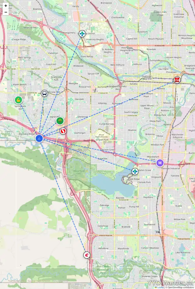 Daily accessibility map for 27 130 DISCOVERY DR SW, Calgary showing nearby schools, grocery stores, parks, LRT stations and nearby amenities