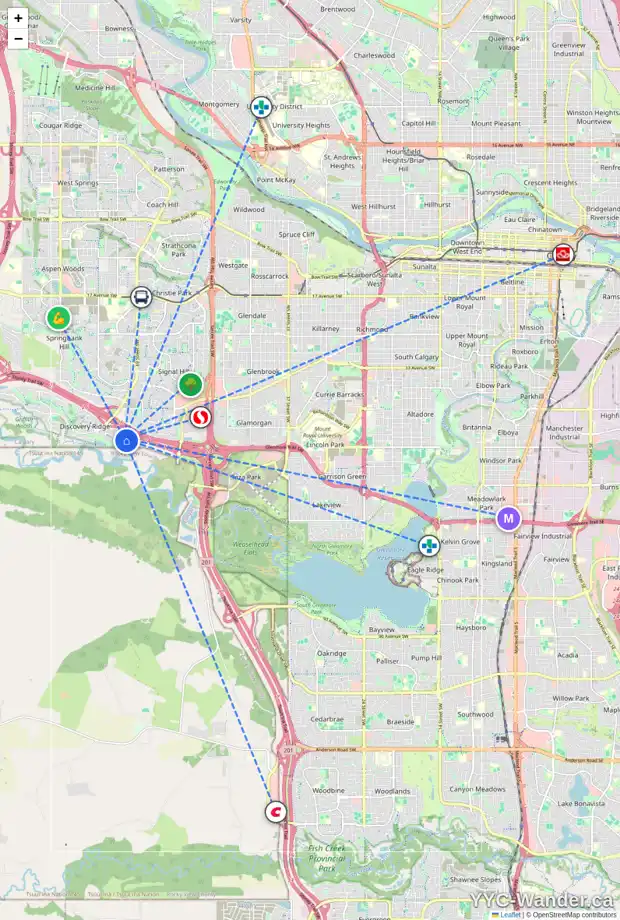 Daily accessibility map for 42 130 DISCOVERY DR SW, Calgary showing nearby schools, grocery stores, parks, LRT stations and nearby amenities