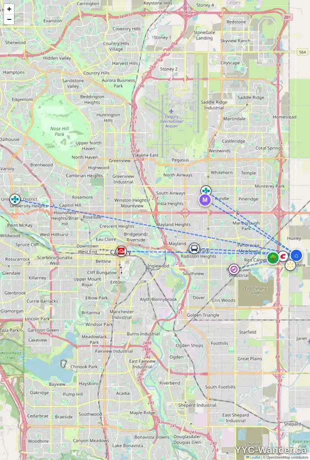 Daily accessibility map for 172 BELVEDERE DR SE, Calgary showing nearby schools, grocery stores, parks, LRT stations and nearby amenities