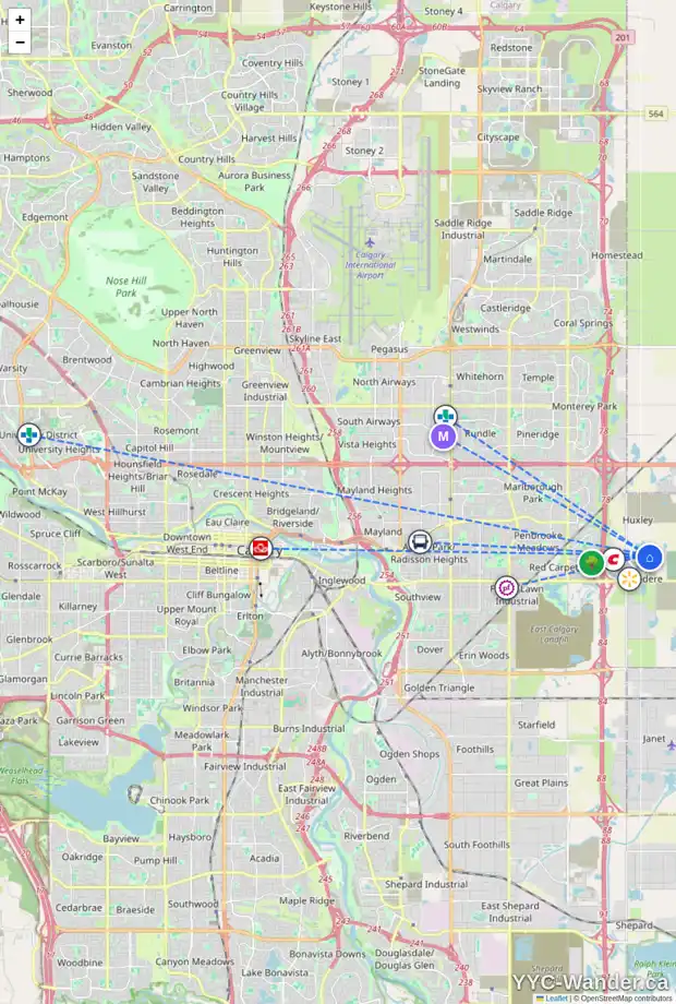 Daily accessibility map for 251 BELVEDERE DR SE, Calgary showing nearby schools, grocery stores, parks, LRT stations and nearby amenities
