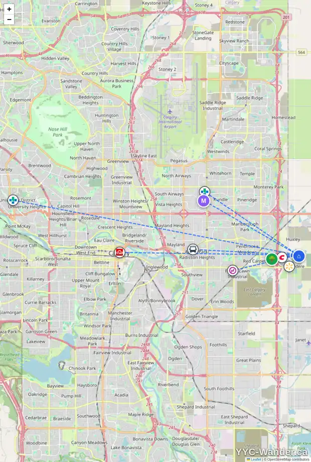 Daily accessibility map for 263 BELVEDERE DR SE, Calgary showing nearby schools, grocery stores, parks, LRT stations and nearby amenities