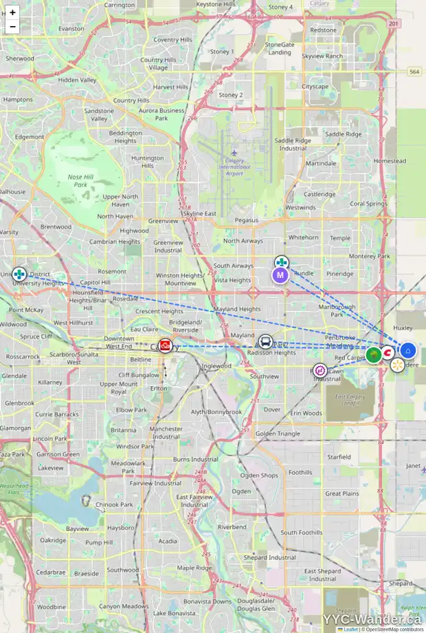 Daily accessibility map for 216 BELVEDERE DR SE, Calgary showing nearby schools, grocery stores, parks, LRT stations and nearby amenities