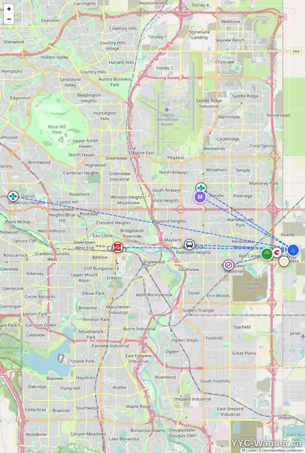 Daily accessibility map for 268 BELVEDERE DR SE, Calgary showing nearby schools, grocery stores, parks, LRT stations and nearby amenities