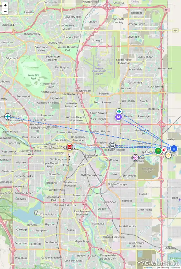 Daily accessibility map for 280 BELVEDERE DR SE, Calgary showing nearby schools, grocery stores, parks, LRT stations and nearby amenities