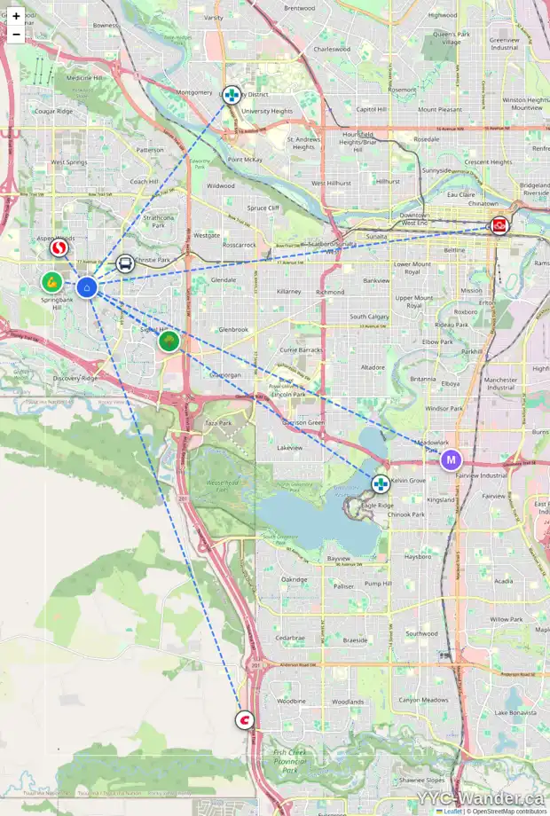Daily accessibility map for 12 7825 SPRING WILLOW DR SW, Calgary showing nearby schools, grocery stores, parks, LRT stations and nearby amenities