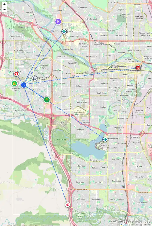Daily accessibility map for 34 7825 SPRING WILLOW DR SW, Calgary showing nearby schools, grocery stores, parks, LRT stations and nearby amenities