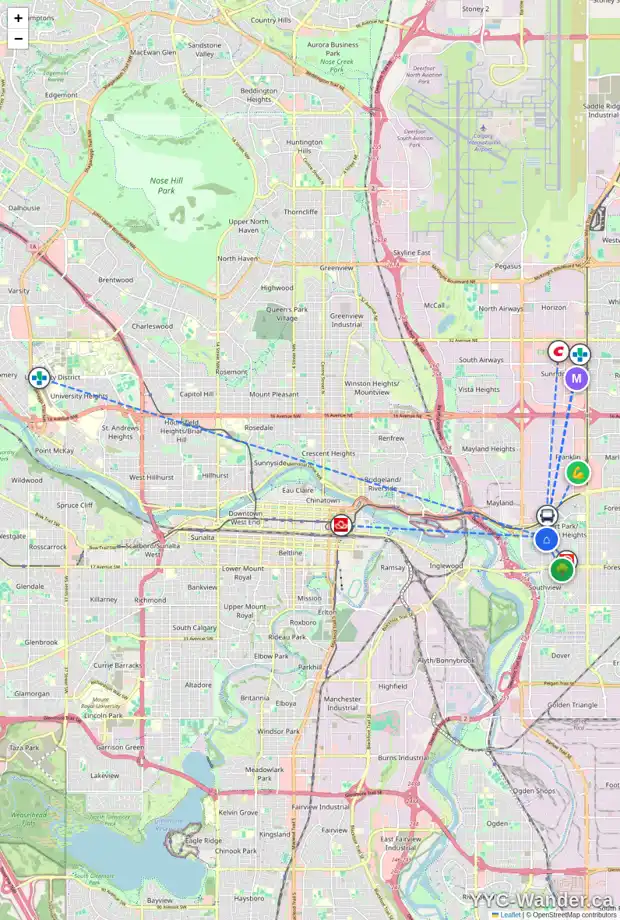 Daily accessibility map for 2811 10 AV SE, Calgary showing nearby schools, grocery stores, parks, LRT stations and nearby amenities