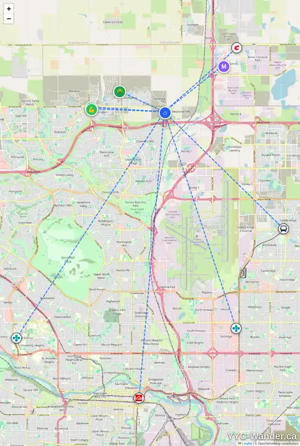 Daily accessibility map for 36 LEWISBURG CL NE, Calgary showing nearby schools, grocery stores, parks, LRT stations and nearby amenities