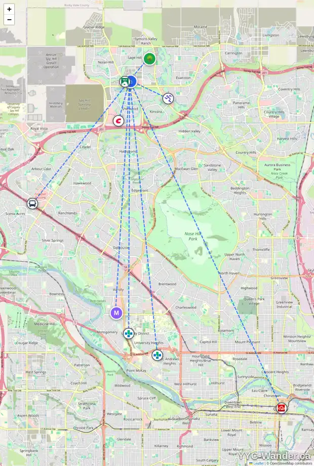 Daily accessibility map for 115 10 SAGE HILL WK NW, Calgary showing nearby schools, grocery stores, parks, LRT stations and nearby amenities