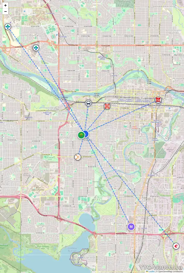 Daily accessibility map for 1707 23 AV SW, Calgary showing nearby schools, grocery stores, parks, LRT stations and nearby amenities