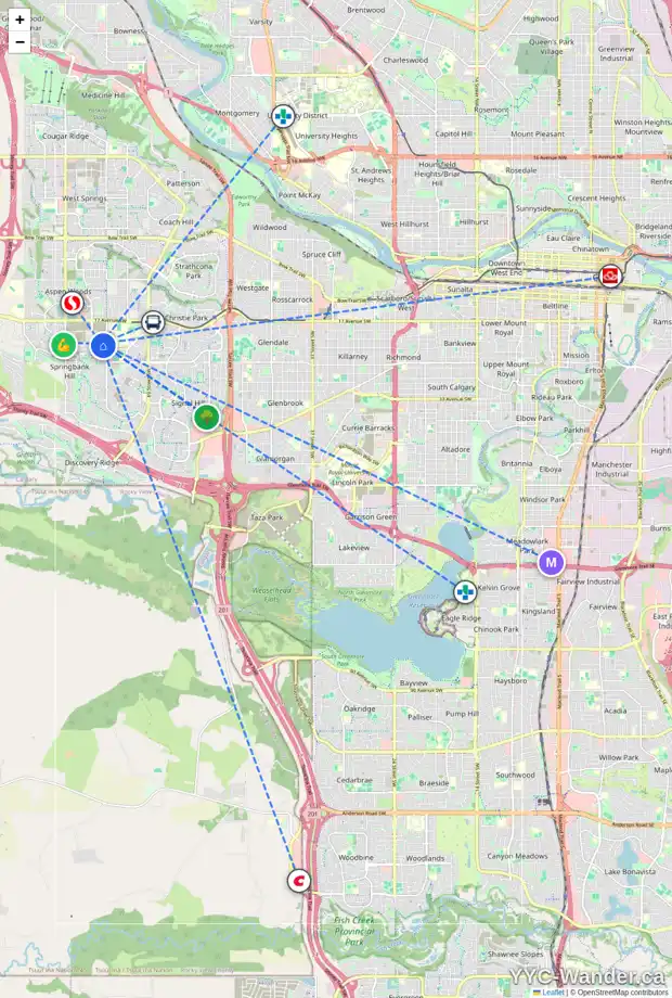 Daily accessibility map for 237 7820 SPRING WILLOW DR SW, Calgary showing nearby schools, grocery stores, parks, LRT stations and nearby amenities