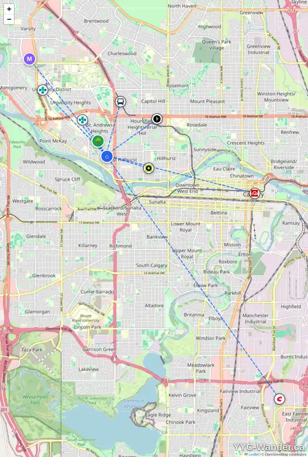 Daily accessibility map for 2626 4 AV NW, Calgary showing nearby schools, grocery stores, parks, LRT stations and nearby amenities